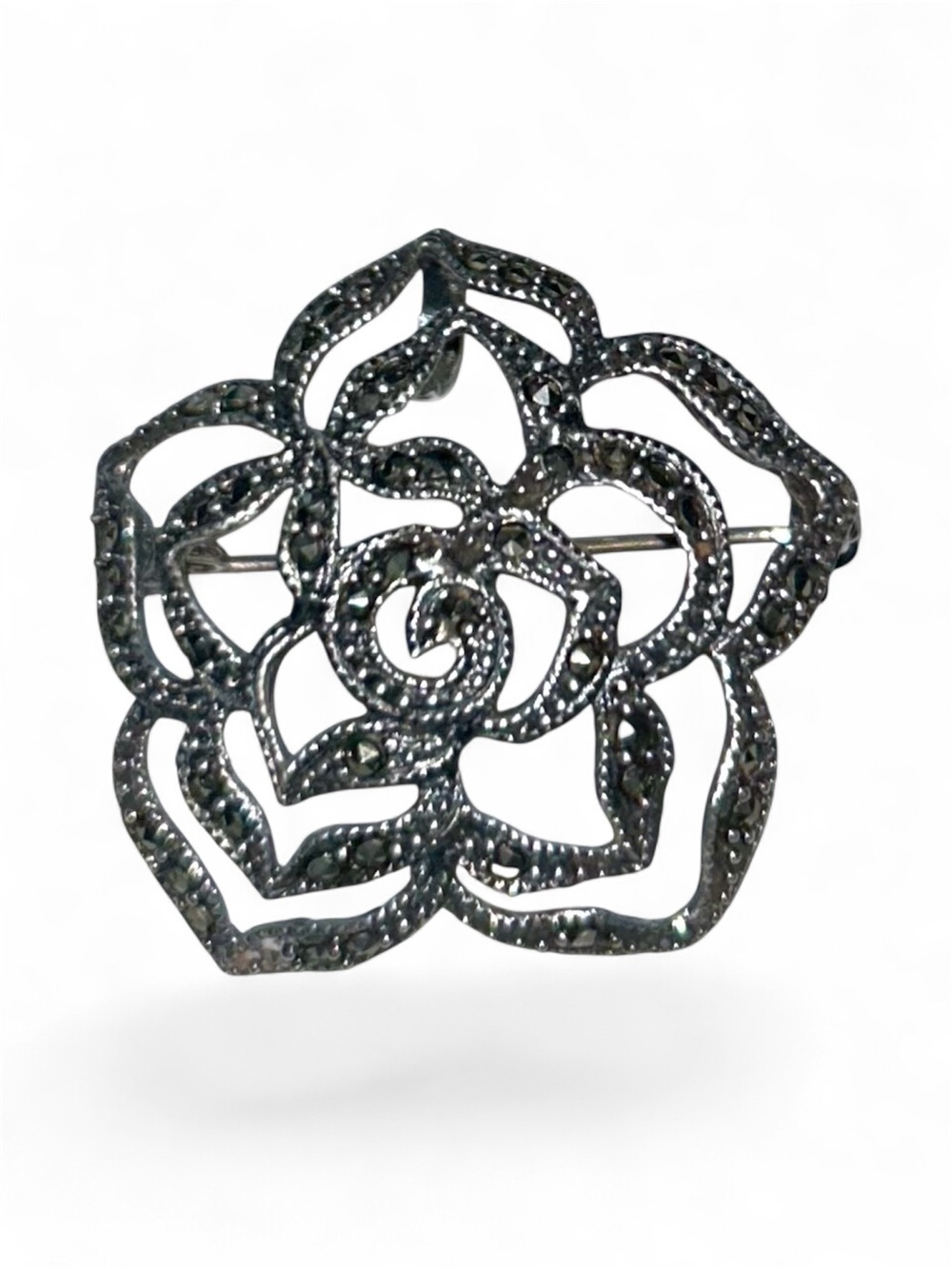 Vintage Sterling Silver 925 Rose Marcasite Pendant or Brooch - Sparkly & Pretty!